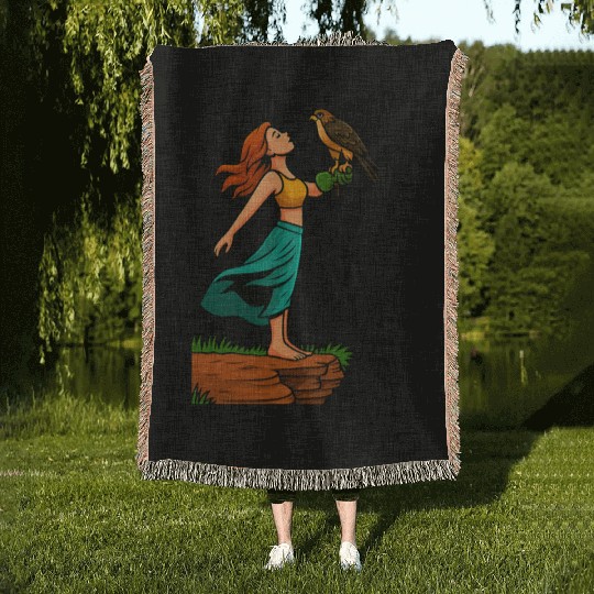Woman with Hawk on Arm in Nature Scene Woven Blankets