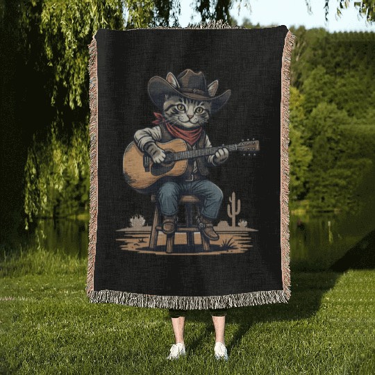 Cowboy Cat with Guitar – Western Kitty Art Woven Blankets