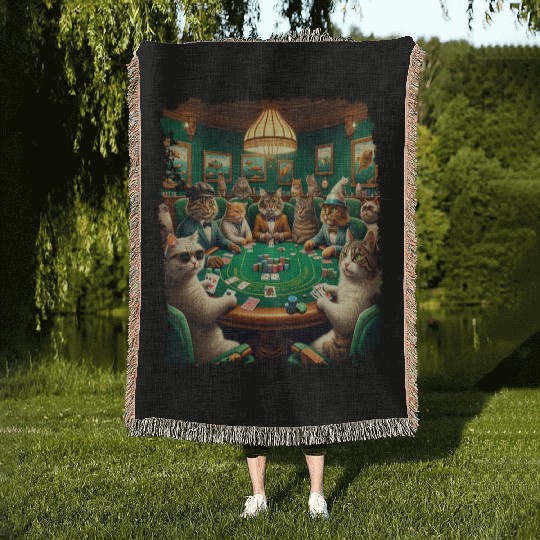 Playing Card Gambling Cat Playing Poker Cards Woven Blankets