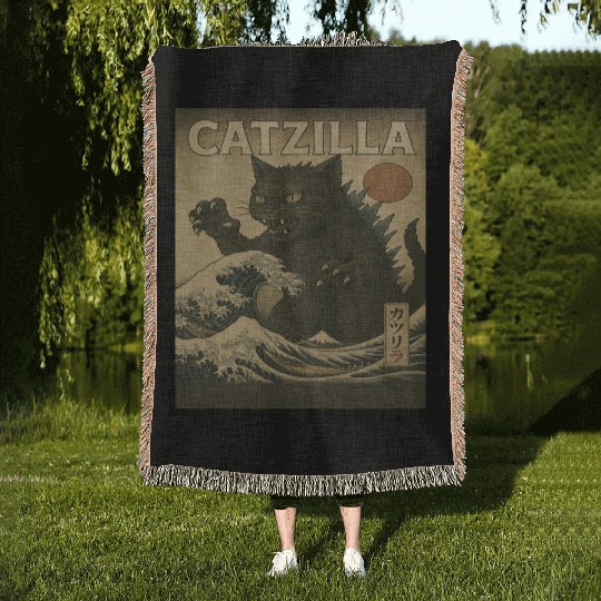Ukiyo-e Catzilla Retro Japanese Monster Cat Woven Blankets