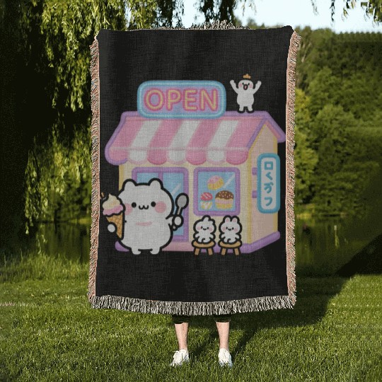 Kawaii Cat Ice Cream Shop Illustration Woven Blankets
