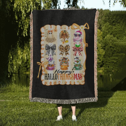 Thanksgiving Christmas Happy Hallothanksmas Woven Blankets
