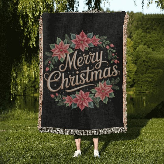 Elegant Poinsettia Wreath Merry Christmas Script Woven Blankets