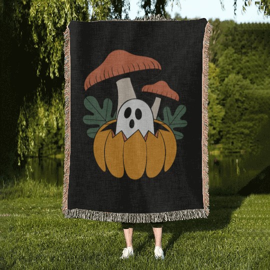 Cottagecore Halloween Ghost Flower Pumpkin Woven Blankets