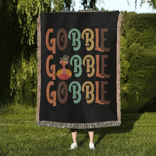 Festive Turkey and Gobble Text Pattern Woven Blankets