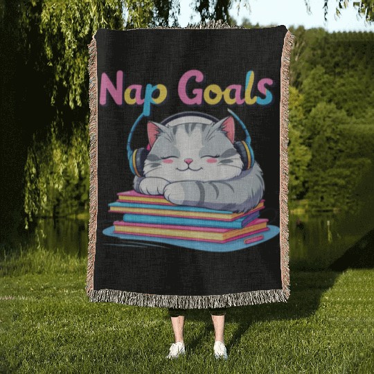 Cute Cat Nap Goals Design Woven Blankets