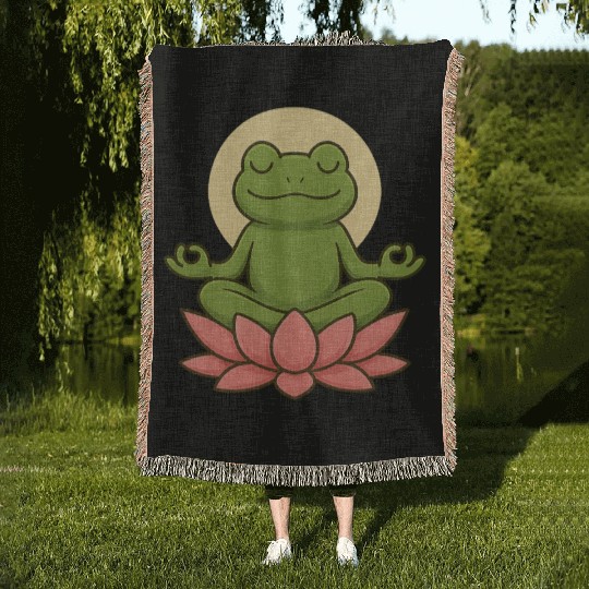 Serene Green Frog Meditation Design Woven Blankets