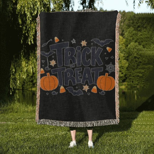 Halloween Pumpkin and Bat Trick or Treat Design Woven Blankets