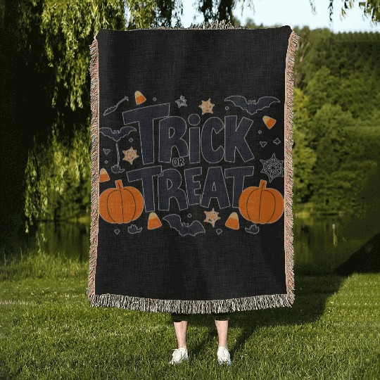 Halloween Pumpkin and Bat Trick or Treat Design Woven Blankets