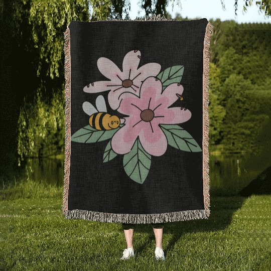Charming Blossom and Bee Illustration Woven Blankets