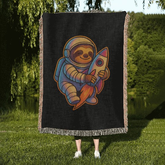Joyful Sloth Astronaut Rocket Scene Woven Blankets