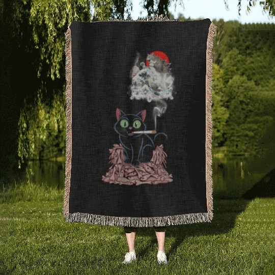 Black Cat Smoking Cigarette Catzilla Woven Blankets