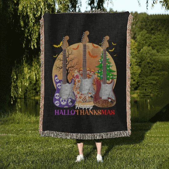 Happy HalloThanksMas Guitar  Woven Blankets