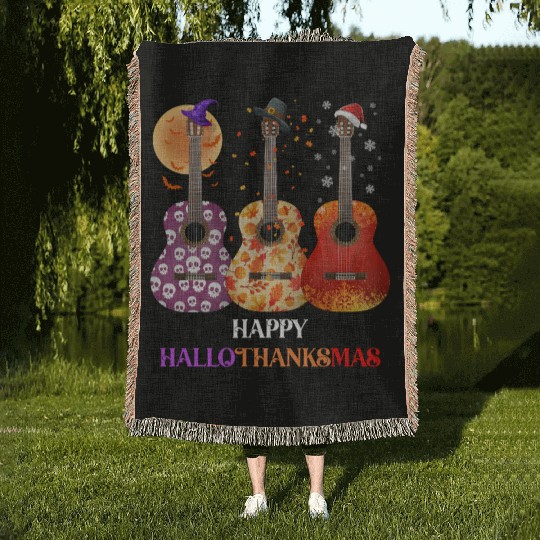 Happy HalloThanksMas Guitar  Woven Blankets