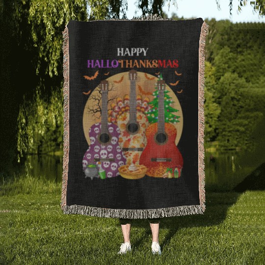 Happy HalloThanksMas Guitar  Woven Blankets
