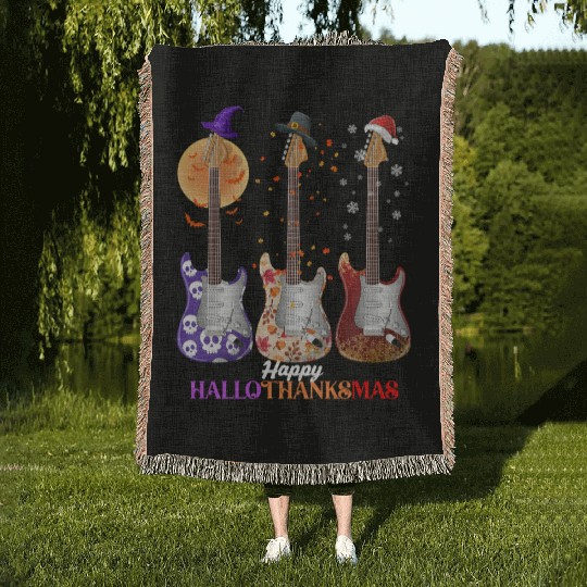 Happy HalloThanksMas Guitar  Woven Blankets