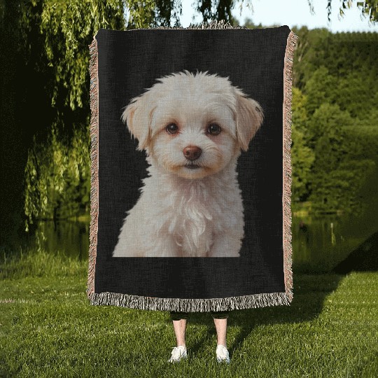 Adorable White Puppy Portrait Design Woven Blankets