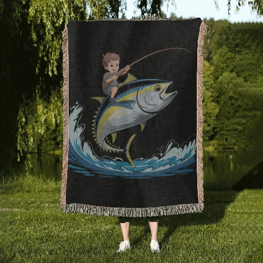 Joyful young boy rides massive jumping tuna Woven Blankets