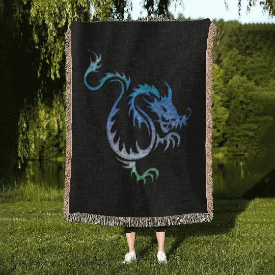 Chinese Blue Water Dragon Woven Blankets