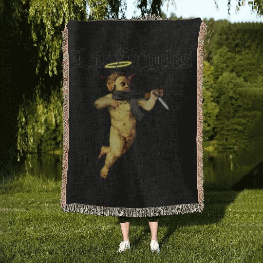 Los Angeles Angel with AK 47 Woven Blankets