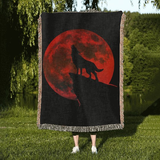 Howling wolf full blood moon space galaxy gift dog Woven Blankets