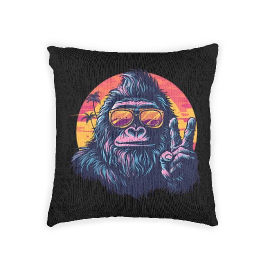Gorilla on Vacation with a Sunset Peace Sign Woven Pillows