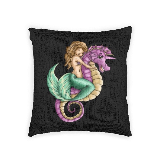 Little mermaid and cute seahorse lovely friendship Woven Pillows
