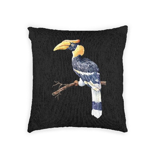 Watercolor Great Hornbill Bird on the Branches Woven Pillows