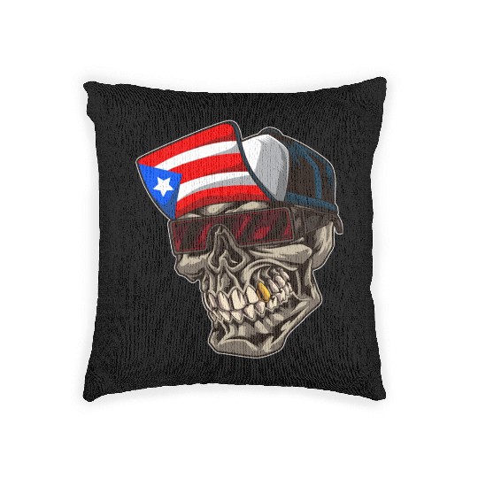 Cool Puerto Rico Skull With Cap and Boricua Flag Woven Pillows