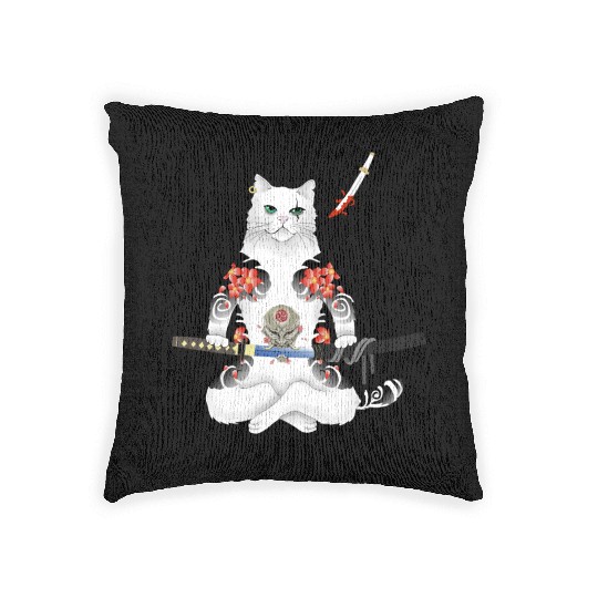 Japanese Samurai Cat Katana Ninja Yakuza Tattoo Woven Pillows