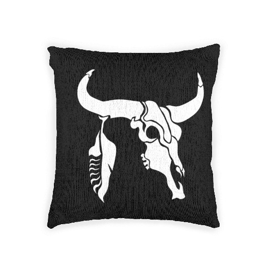 Tribal White Longhorn Bull Skull w White Feather Woven Pillows