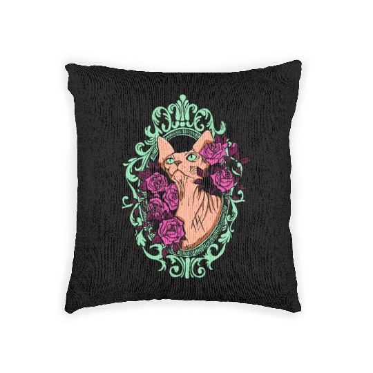 Peach Sphynx Cat With Roses Woven Pillows