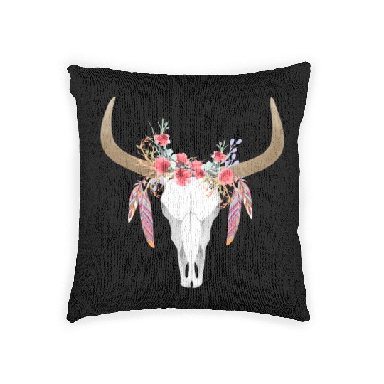 Floral Cow Skull With Feathers Bull Skull Woven Pillows