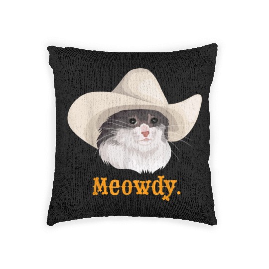 Meowdy Sad Cat Wearing a Cowboy Hat Meme Woven Pillows