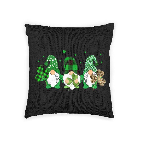 Three Gnomes Holding Shamrock Leopard Plaid Woven Pillows