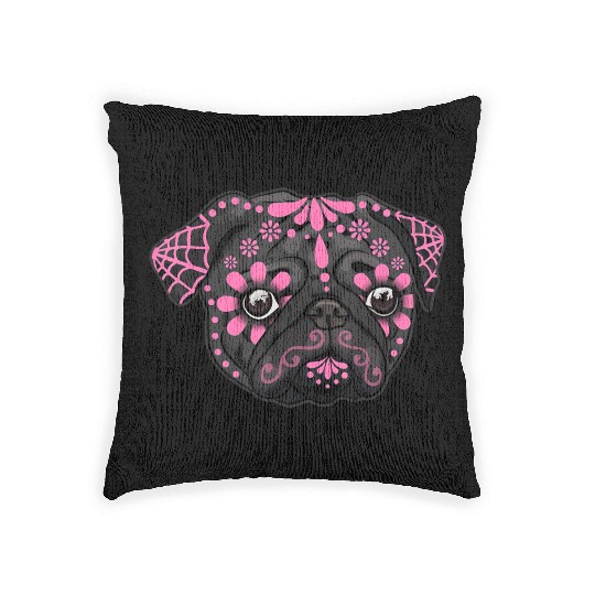 Black Pug Dogs Day of the Dead Sugar Skull Dog Woven Pillows