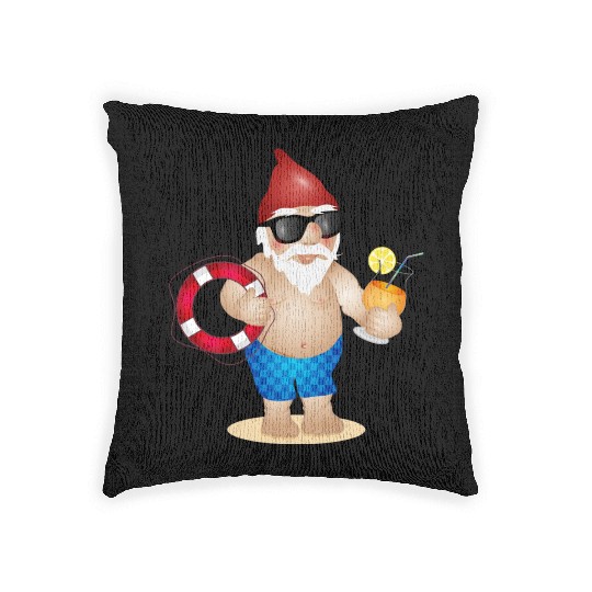Garden gnome with swimming trunks and lifebuoy Woven Pillows