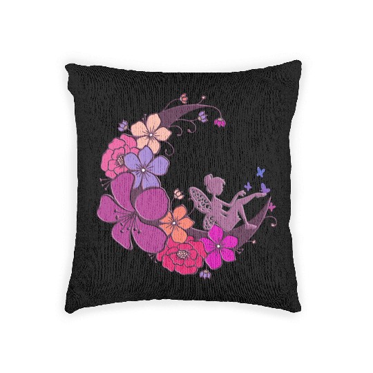 Magical Fairy on Floral Cresent Moon Woven Pillows