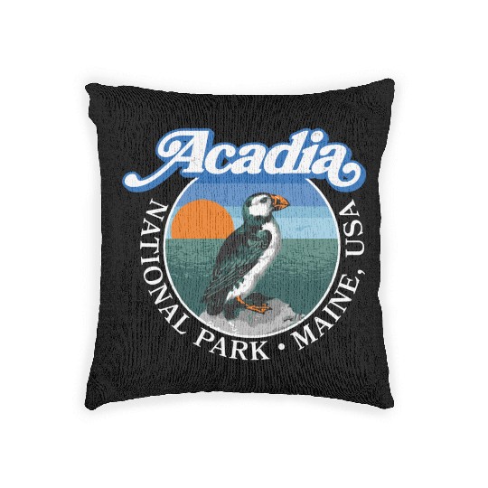 Retro Acadia National Park Vintage Maine Puffin Woven Pillows