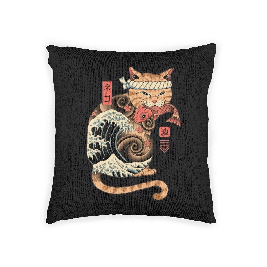 Funny Japanese Catana Wave Eating Koi Fish Woven Pillows