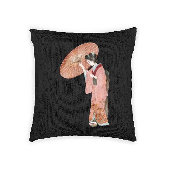 Japanese woman in kimono in a watercolor Woven Pillows