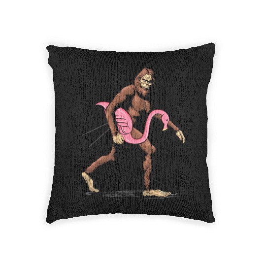 Bigfoot Carrying Lawn Flamingo Funny Big Bird Pun Woven Pillows
