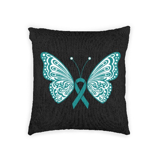 Ovarian Cancer Awareness Teal Ribbon Butterfly Woven Pillows
