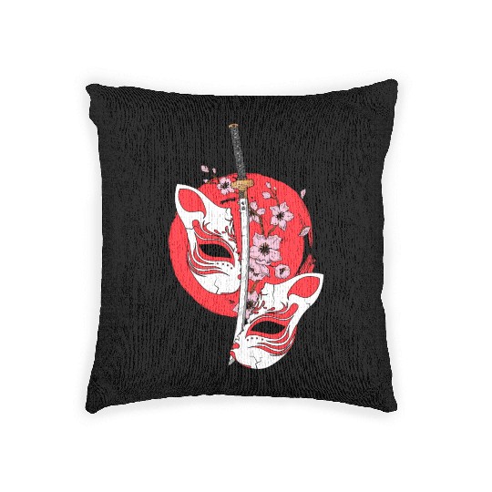 Kitsune mask Japanese sword Katana Japanese Woven Pillows