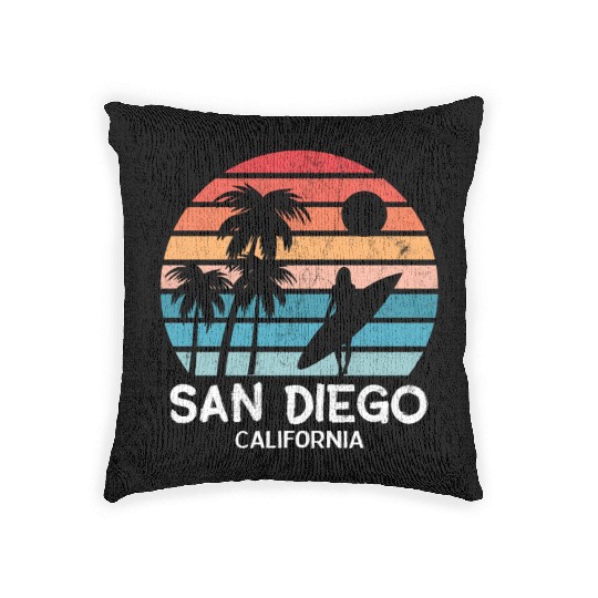 Distressed San Diego Surfer Retro Sunset Woven Pillows