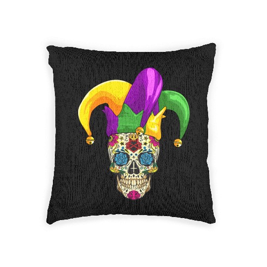 Sugar Skull Mardi Gras Jester Joker Louisiana Carn Woven Pillows