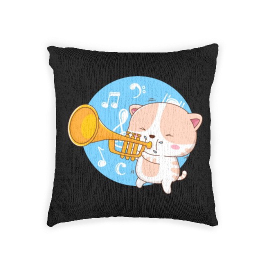 Cute cat loves to play trumpet Woven Pillows