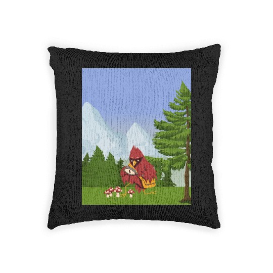 Cardinal Bird Foraging Collecting Mushrooms Woven Pillows