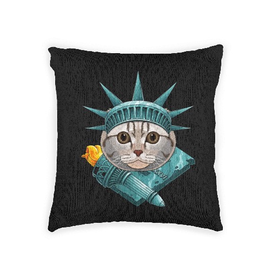Statue Of Liberty Scottish Fold 4th Of July Cat US Woven Pillows