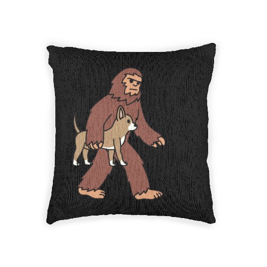 Bigfoot Sasquatch Walking Chihuahua Woven Pillows